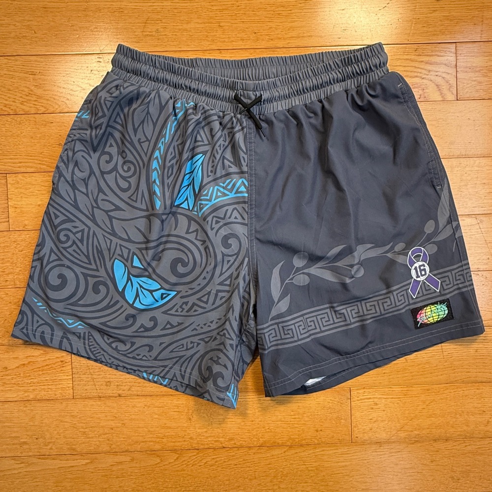Slunks Mens XL Tribal Greek Roman Numeral Athletic Volleyball Shorts Grey Blue